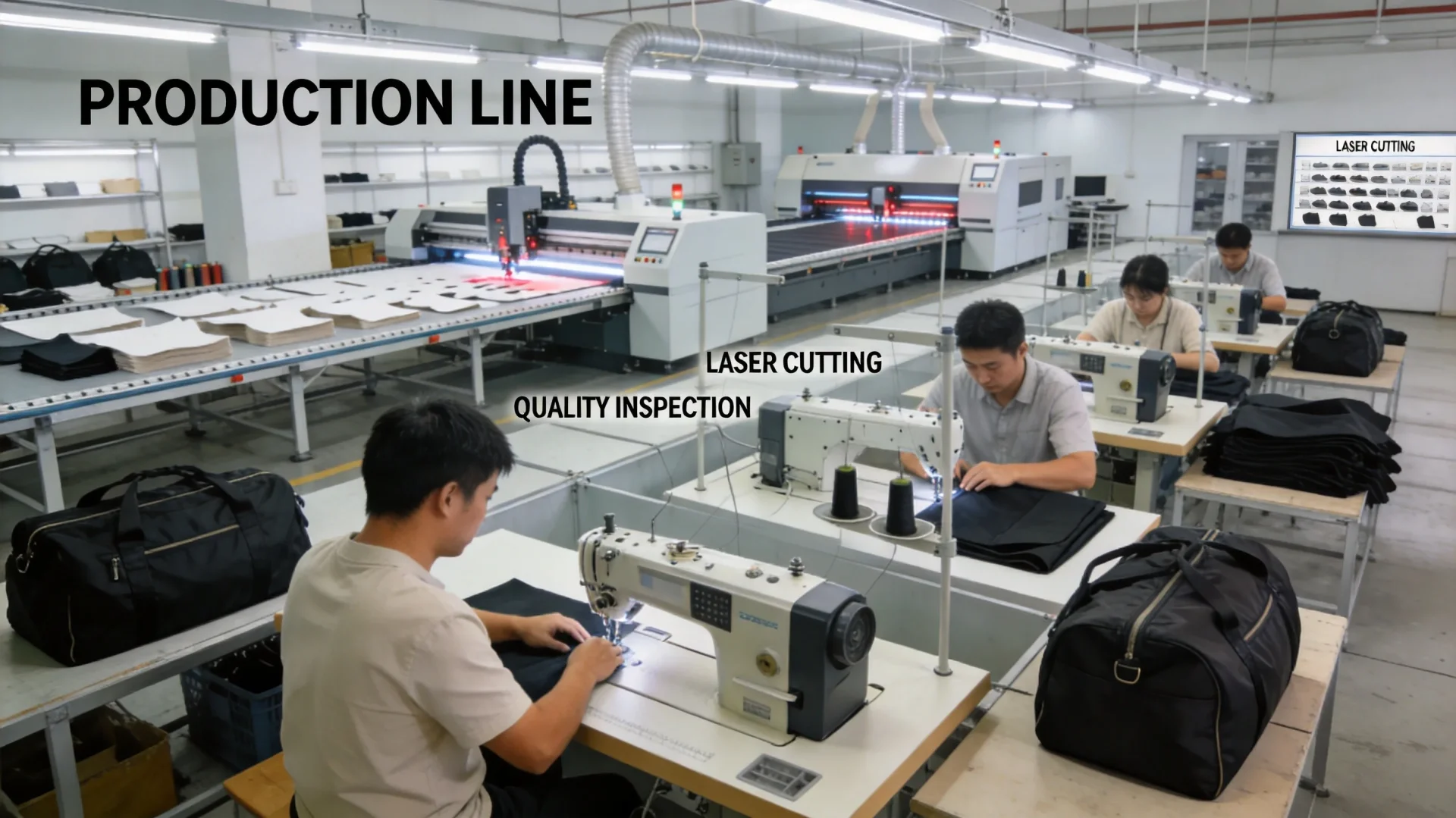 Duffel bag sewing and assembly process showing handle attachment and zipper installation