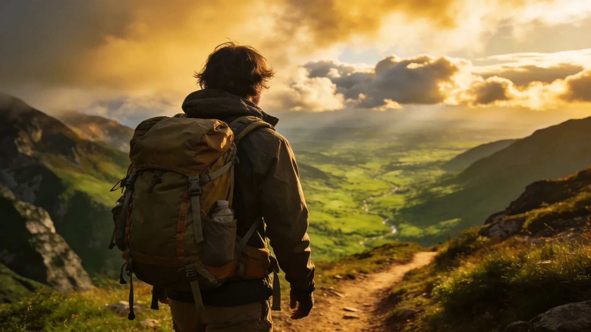 Adventure traveler with backpack on mountain trail