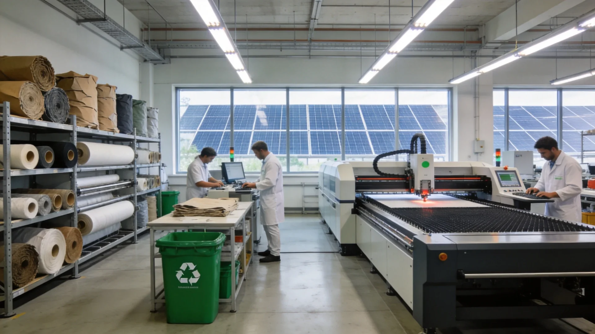 Eco-friendly golf bag factory production line with energy-efficient equipment and recycled material storage