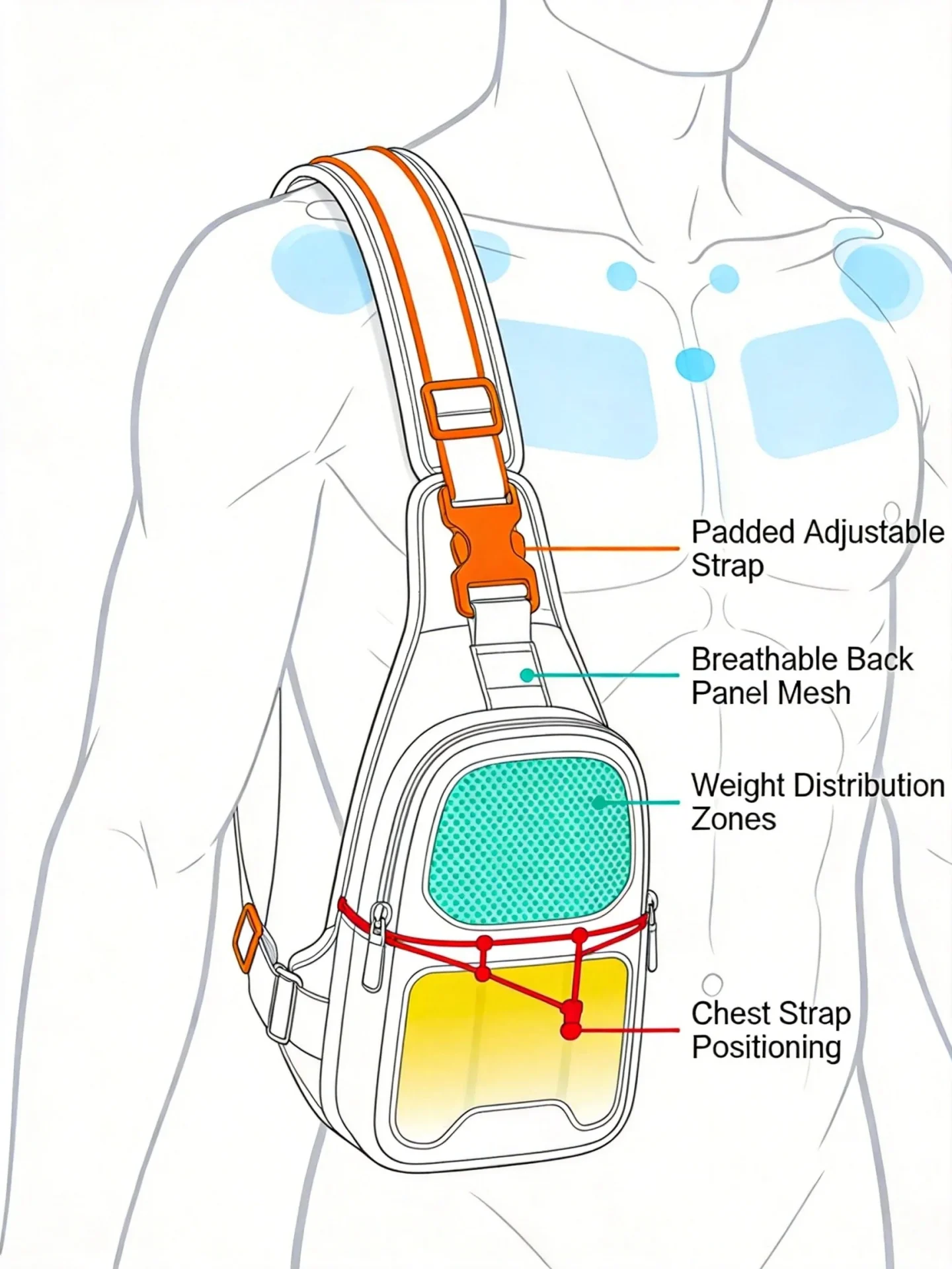 Ergonomic sling bag design principles showing strap padding back panel ventilation and weight distribution