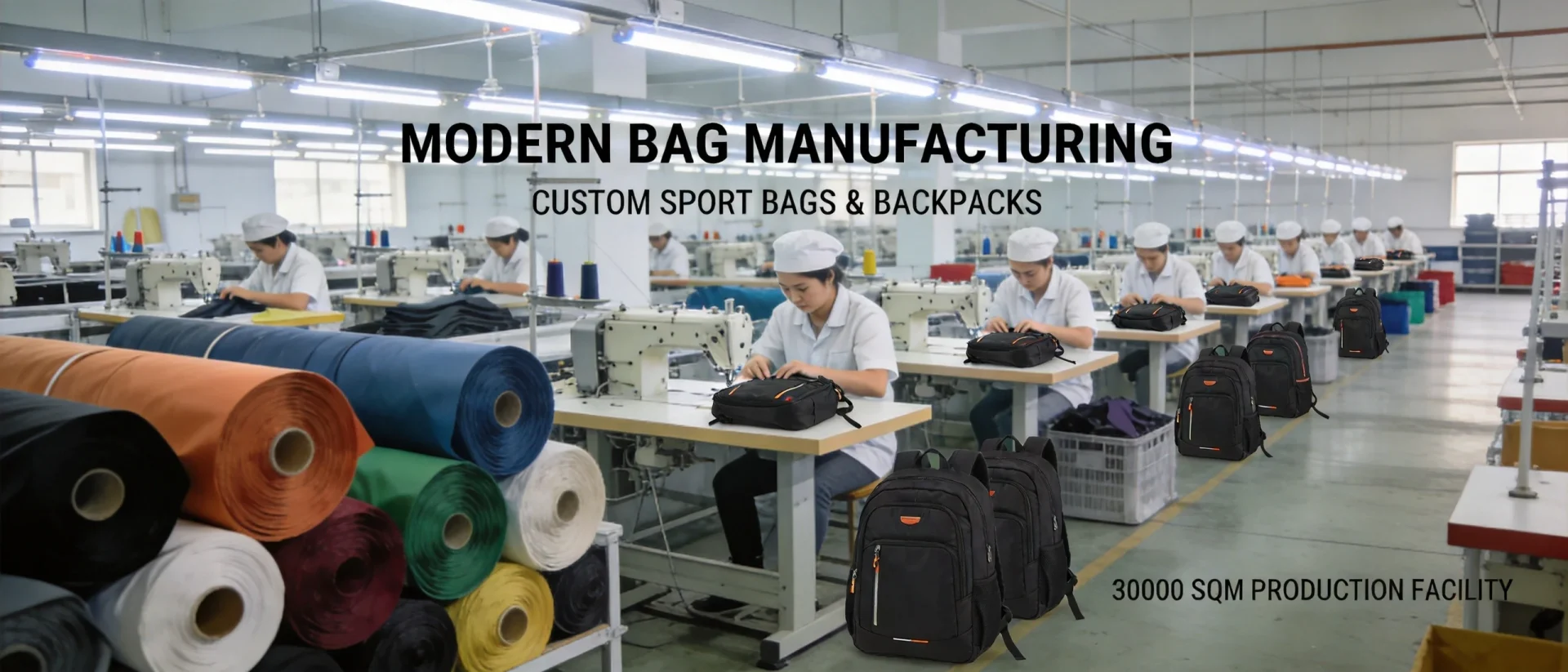 Junyuan Bags modern manufacturing facility with sewing stations and custom bag production