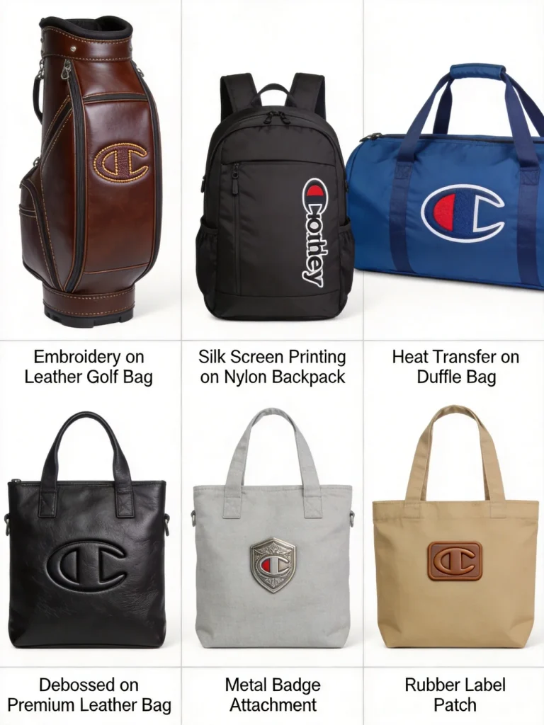 Custom logo application methods: embroidery, silk screen printing, heat transfer, debossed, metal badge, rubber label
