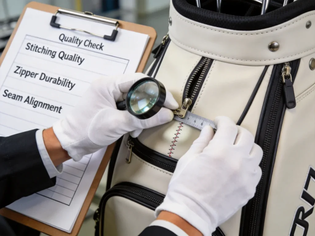 Quality control inspector checking stitching quality and zipper durability on custom golf bag