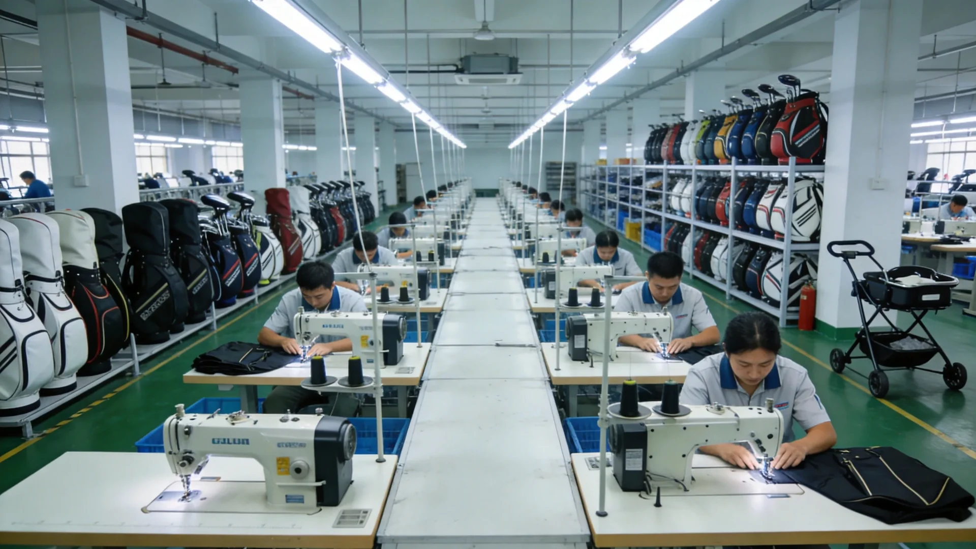 Golf bag factory production line in China with workers sewing premium golf bags on industrial machines