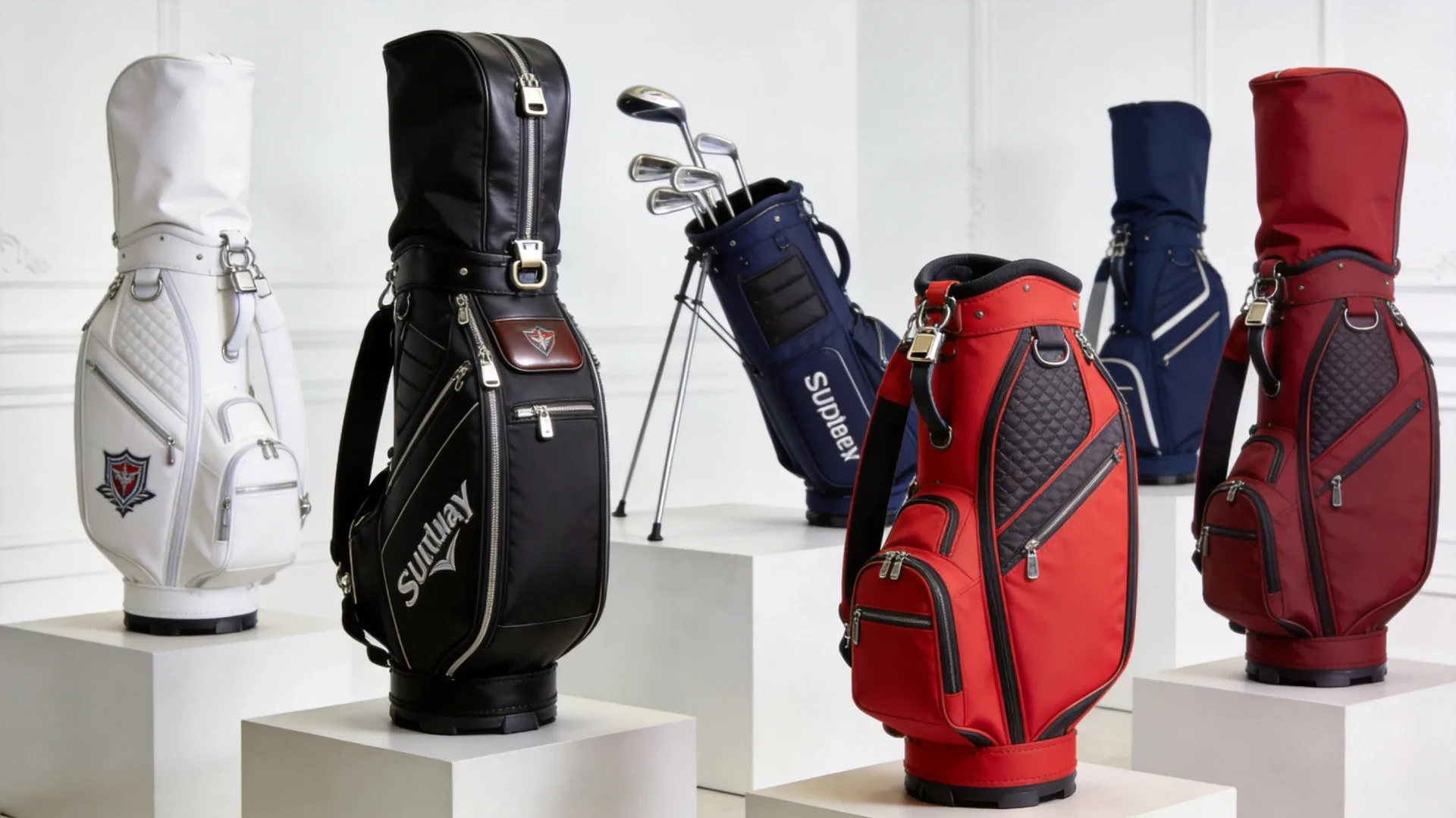 Custom golf bag product display showing stand bags cart bags and staff bags in various colors and materials