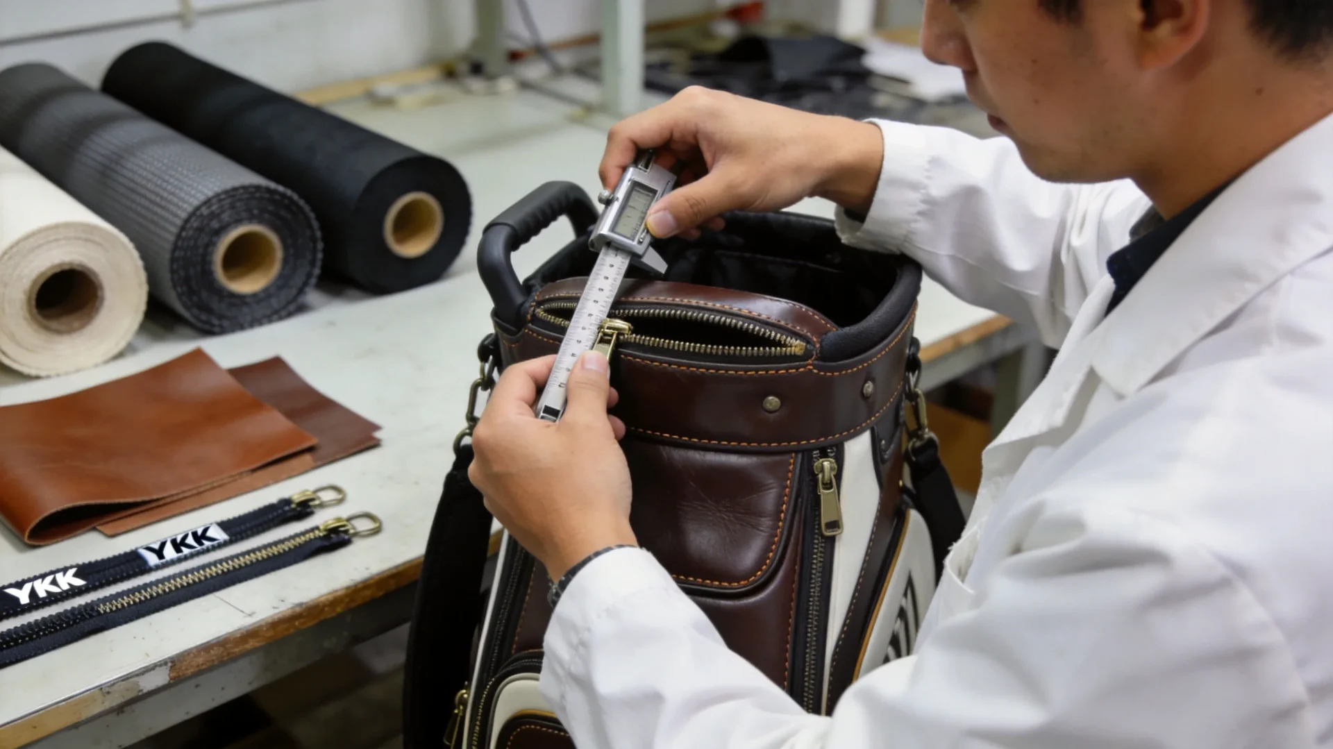Quality control inspector measuring a premium PU leather golf bag with digital calipers in a Chinese factory