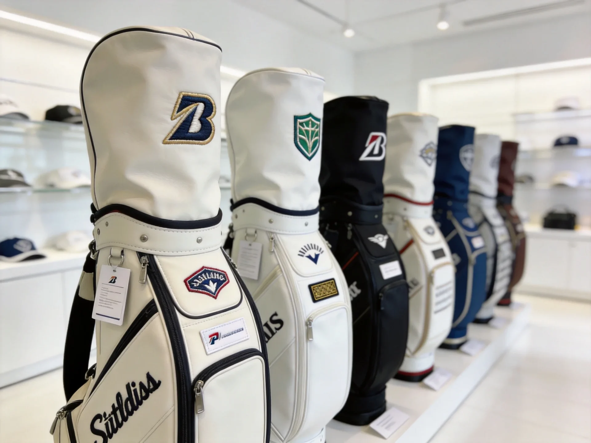 Custom branded golf bags displayed in showroom