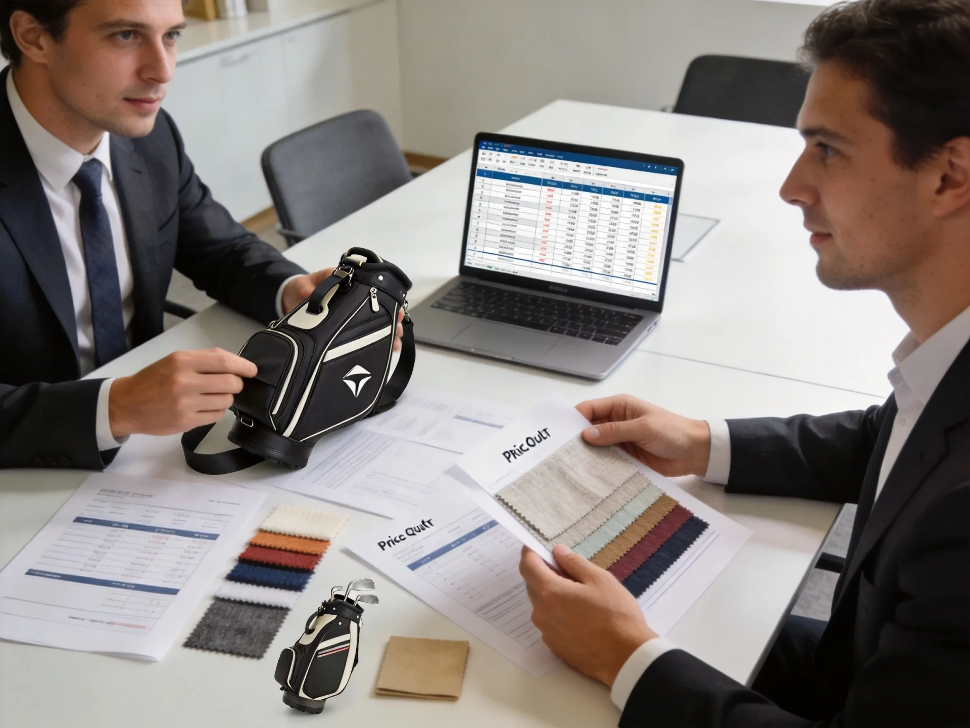 Business negotiation meeting for golf bag pricing and supplier quotation review
