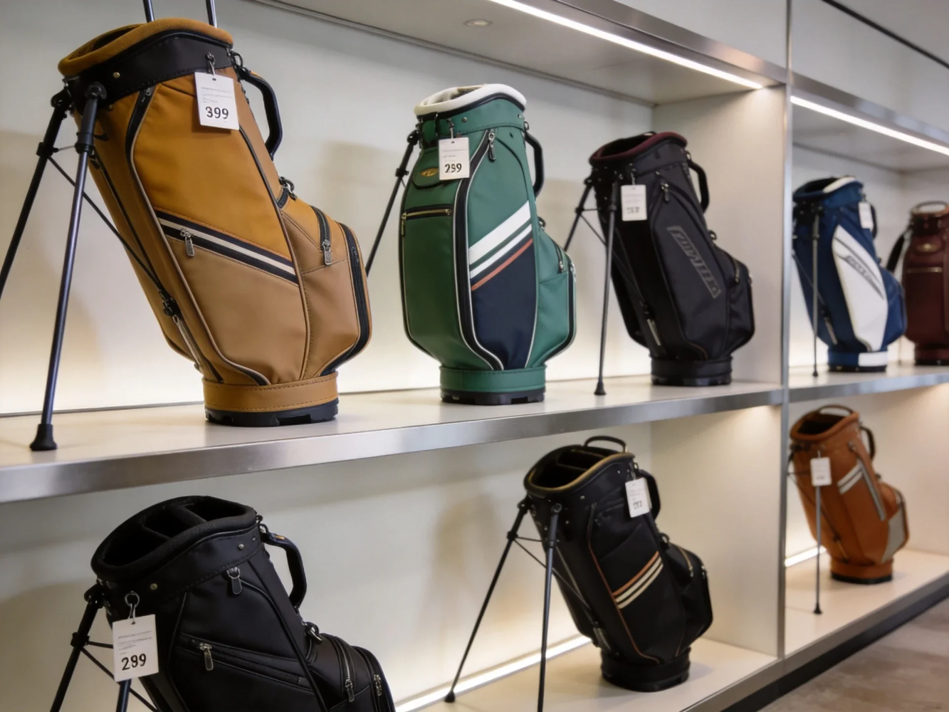 Custom golf bag samples with pricing tags showing various customization options