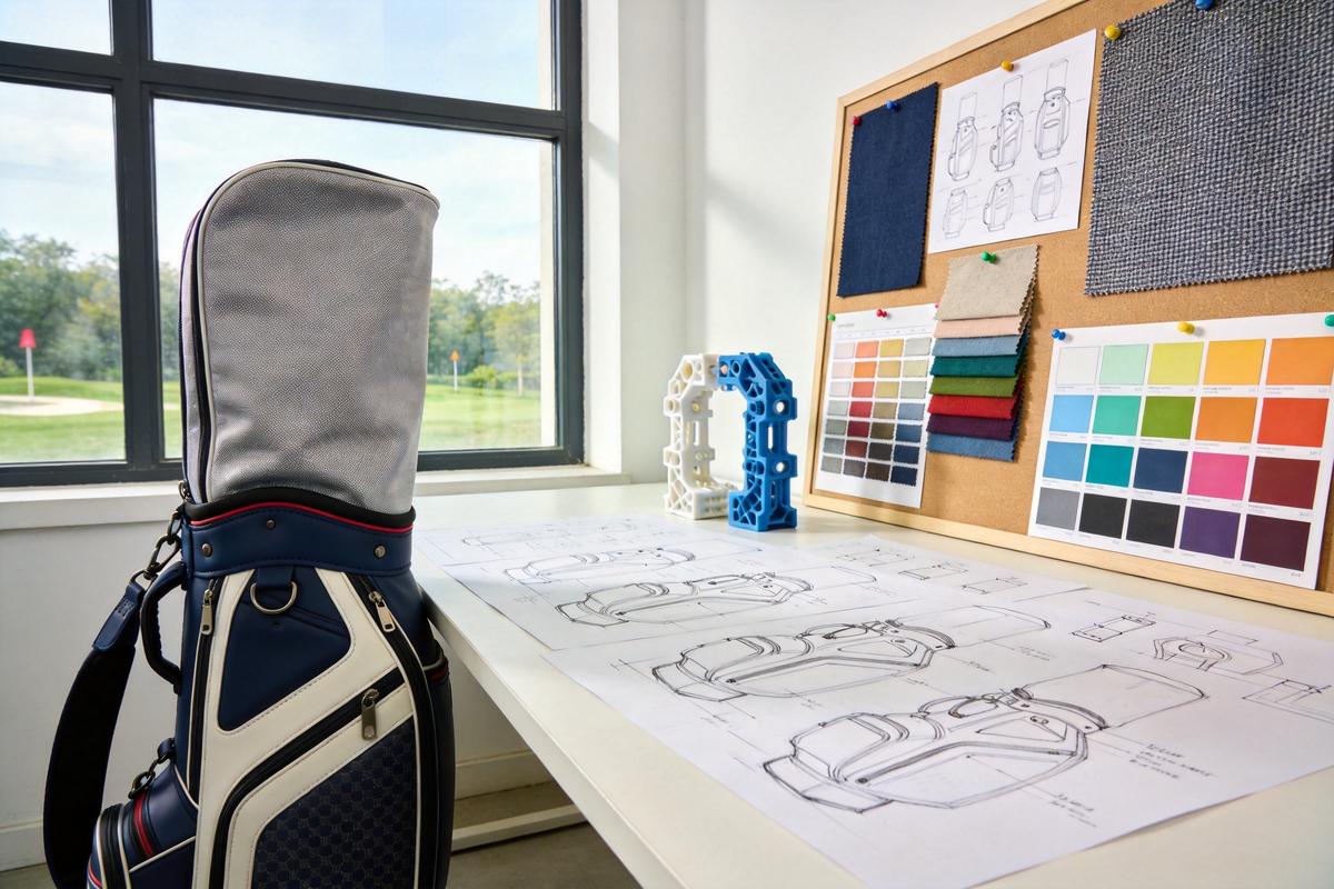 Golf bag design and development workspace with sketches fabric samples and prototypes