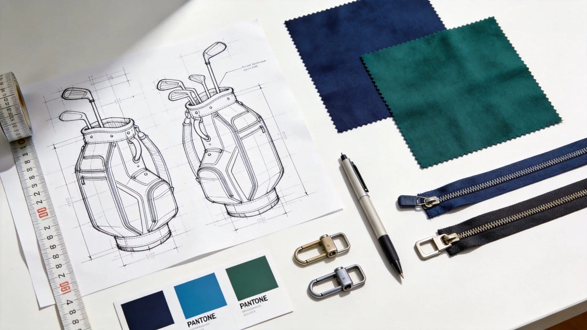 Golf bag design workspace with technical sketches and material samples
