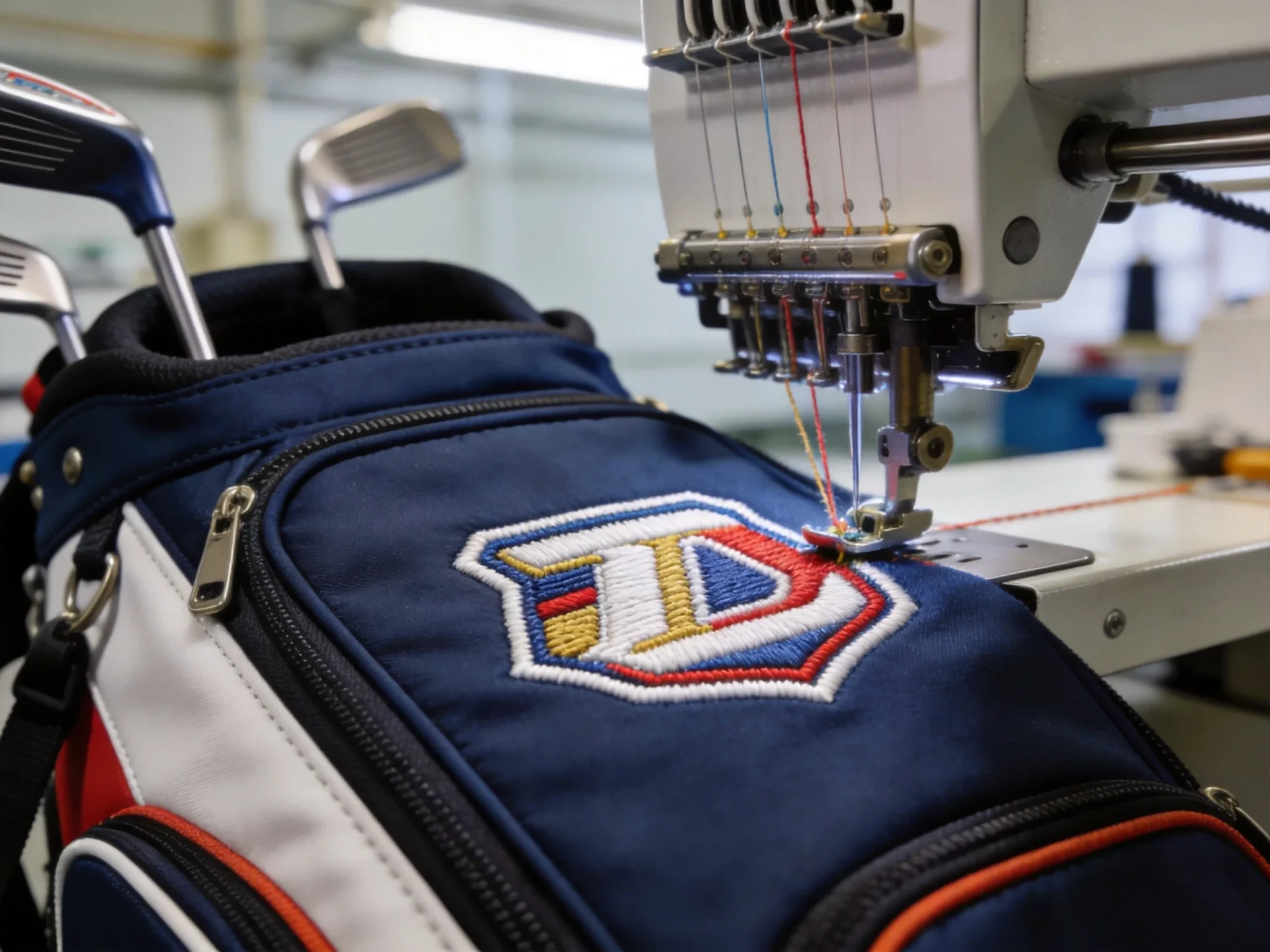 Close-up of embroidery machine stitching custom logo on golf bag
