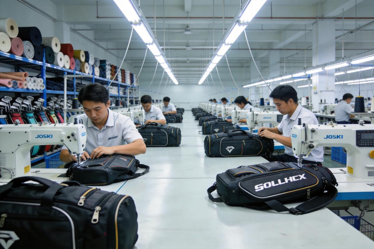 Modern golf bag manufacturing factory floor with sewing machines and production line
