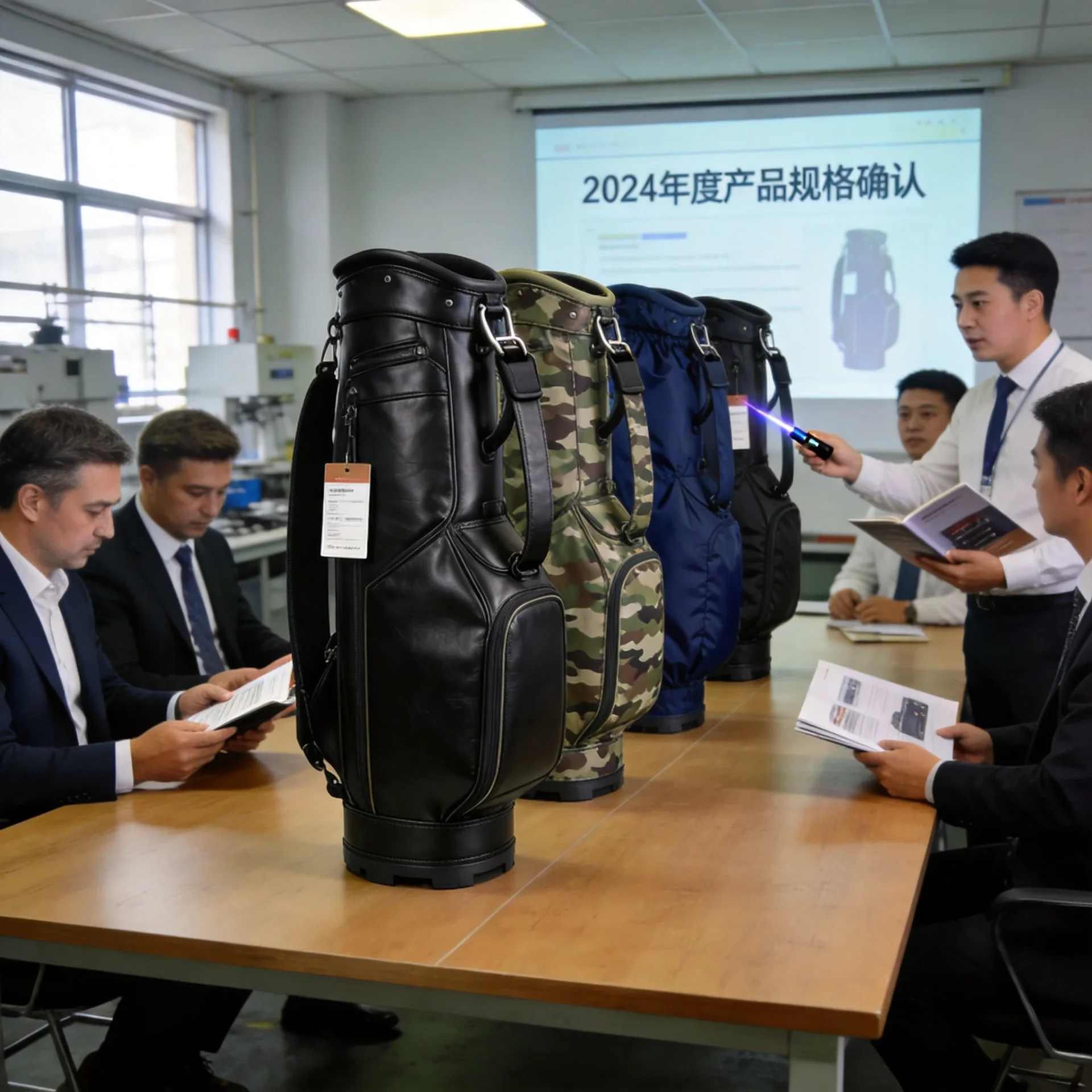Business meeting between buyers and factory representatives reviewing golf bag samples