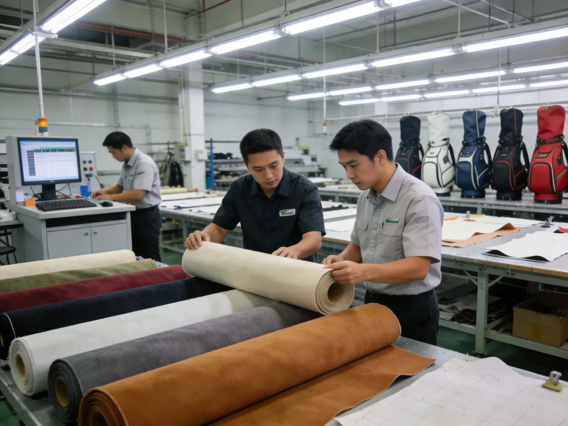 Golf bag manufacturing factory floor with workers inspecting fabric materials at quality control station