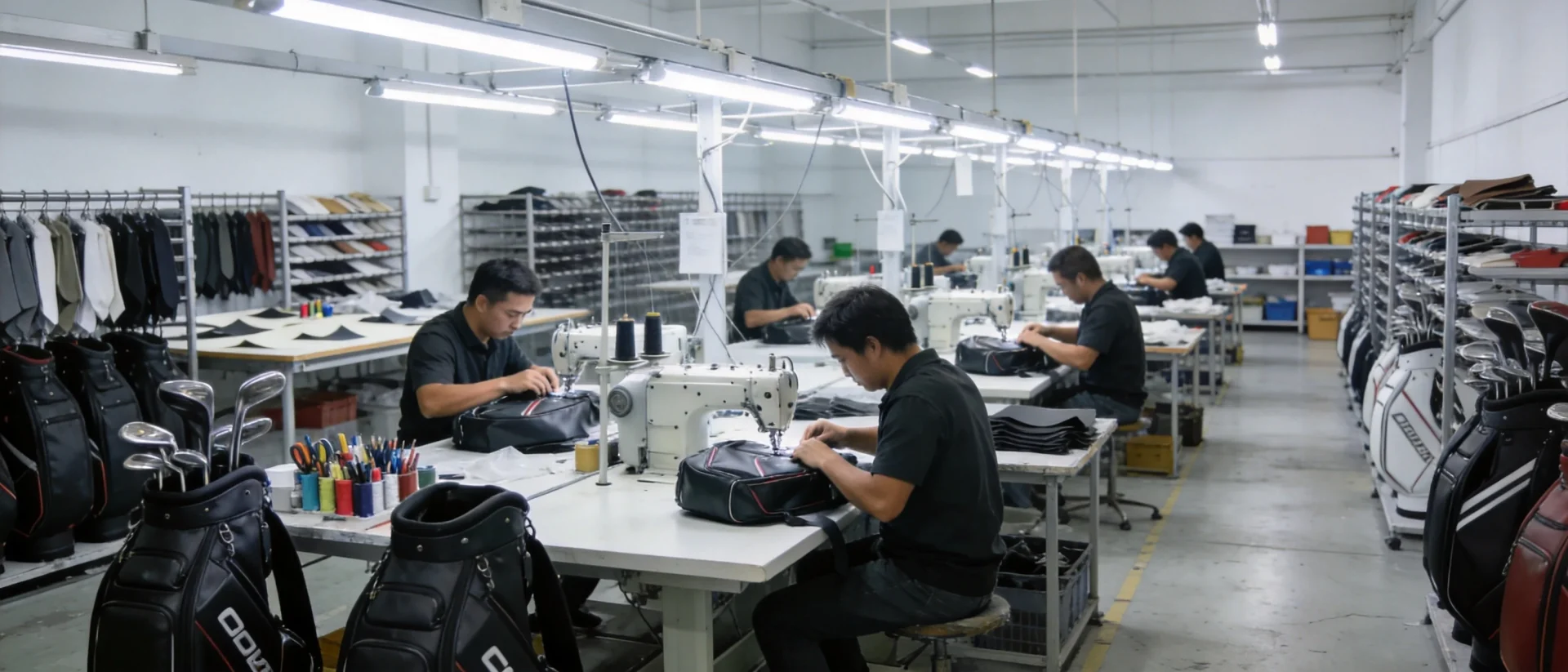 Golf bag factory production line showing organized manufacturing workstations