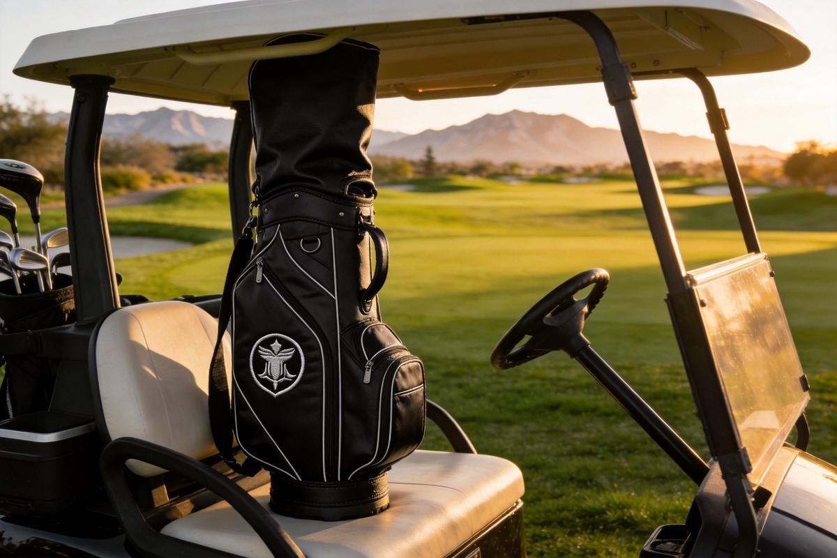 Premium custom branded golf bag on a luxury golf course representing brand launch