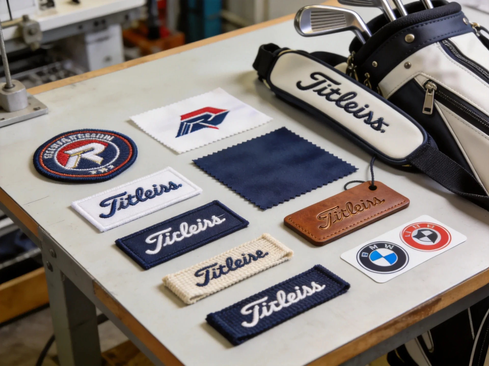 Custom logo branding samples on workbench including embroidered patches, printed swatches, and engraved tags