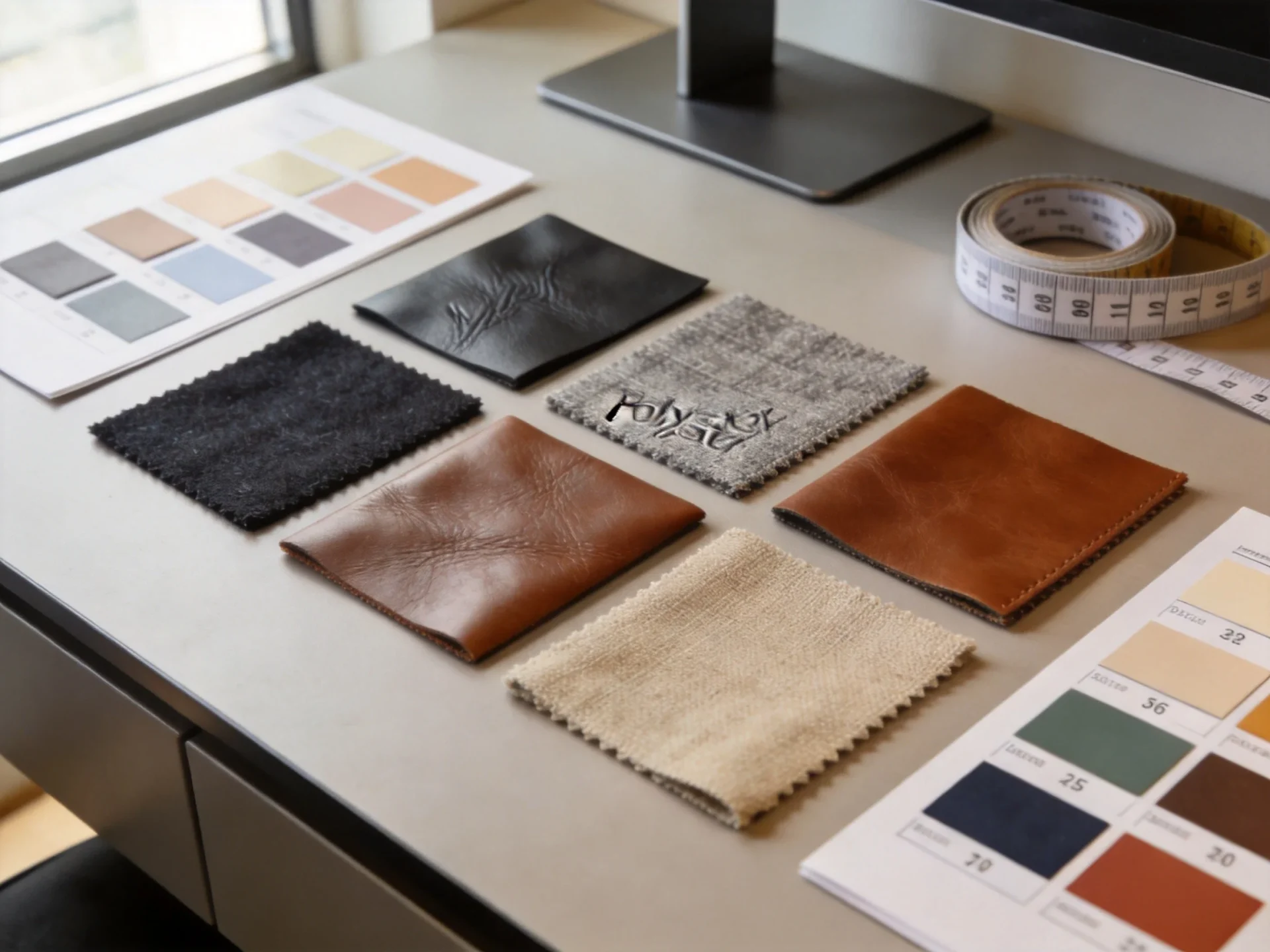 Material sample swatches arranged on desk for golf bag fabric selection and sourcing review
