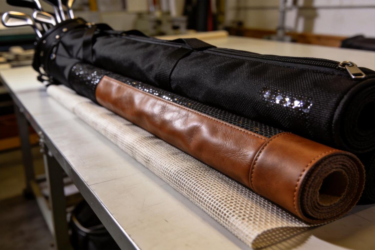 Premium materials and fabrics used in golf bag manufacturing including Cordura nylon polyester leather and waterproof coatings