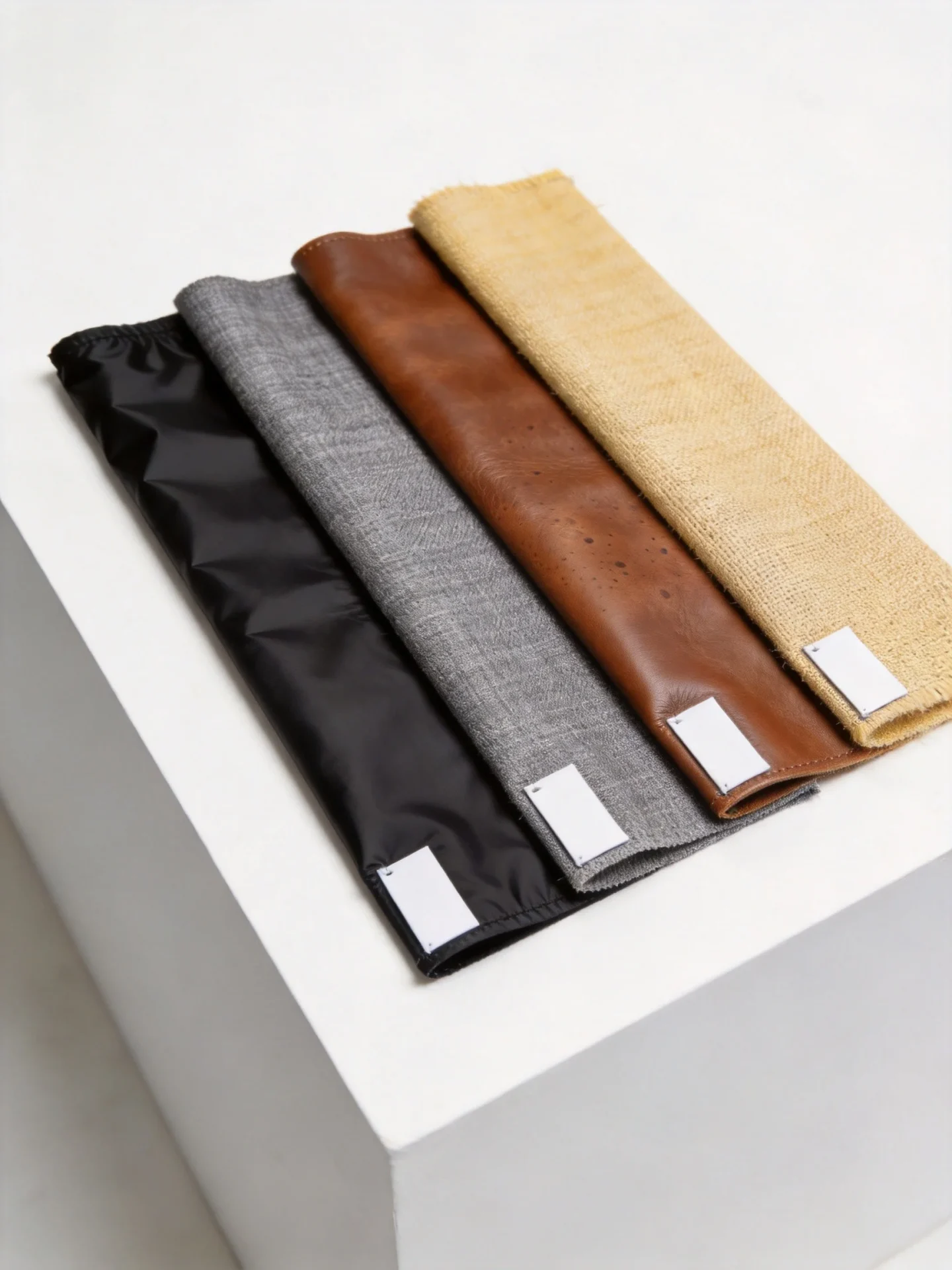 Four common golf bag materials compared side by side including nylon polyester leather and canvas