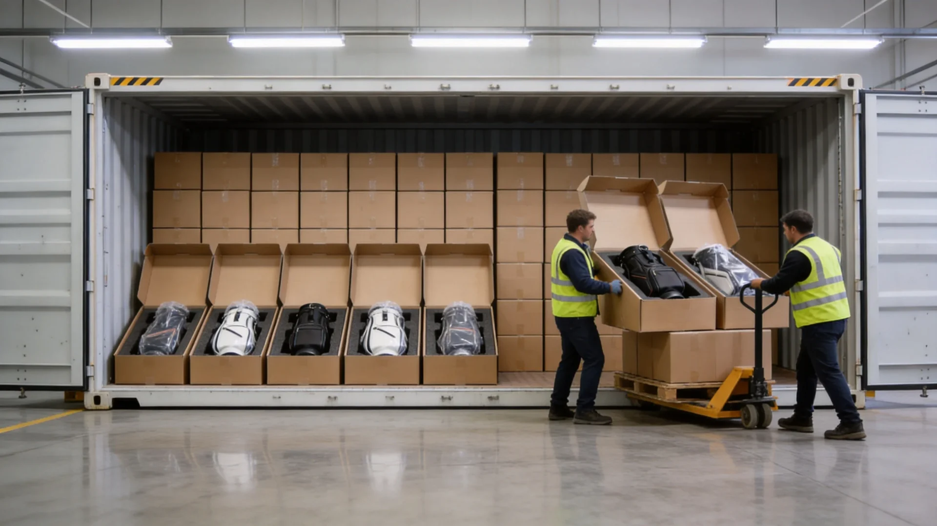 Workers loading golf bag boxes into a shipping container using forklift