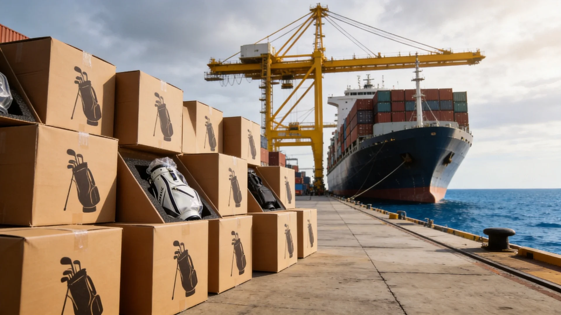 Shipping port with stacked golf bag cardboard boxes and container ship in background
