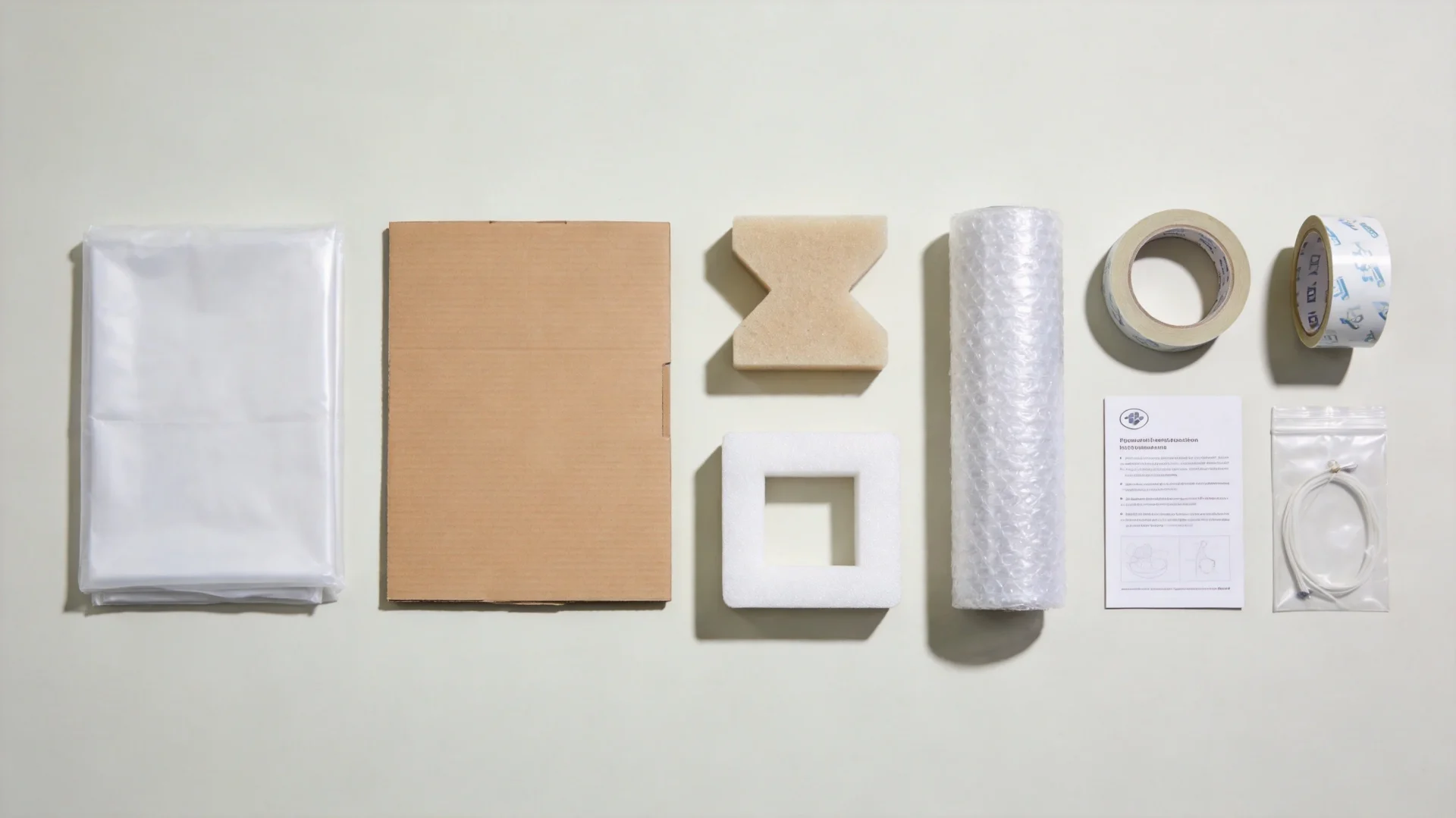 Golf bag packaging materials including poly bag, cardboard box, foam protectors, bubble wrap, and packing tape