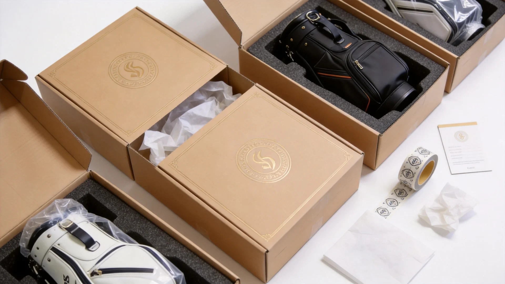 Custom branded kraft cardboard packaging boxes with embossed logo for premium golf bags