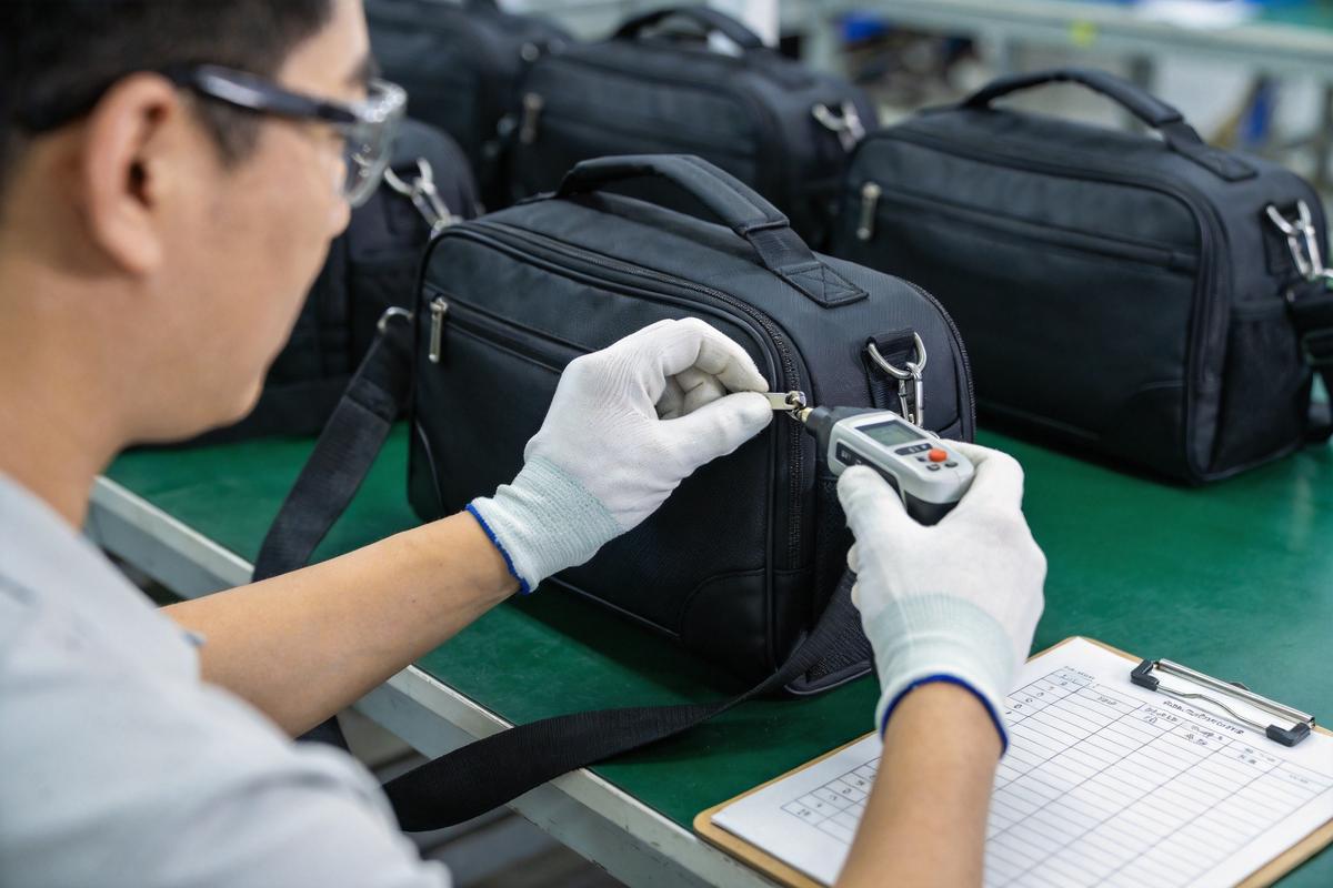 Quality control inspection of finished golf bags in manufacturing facility