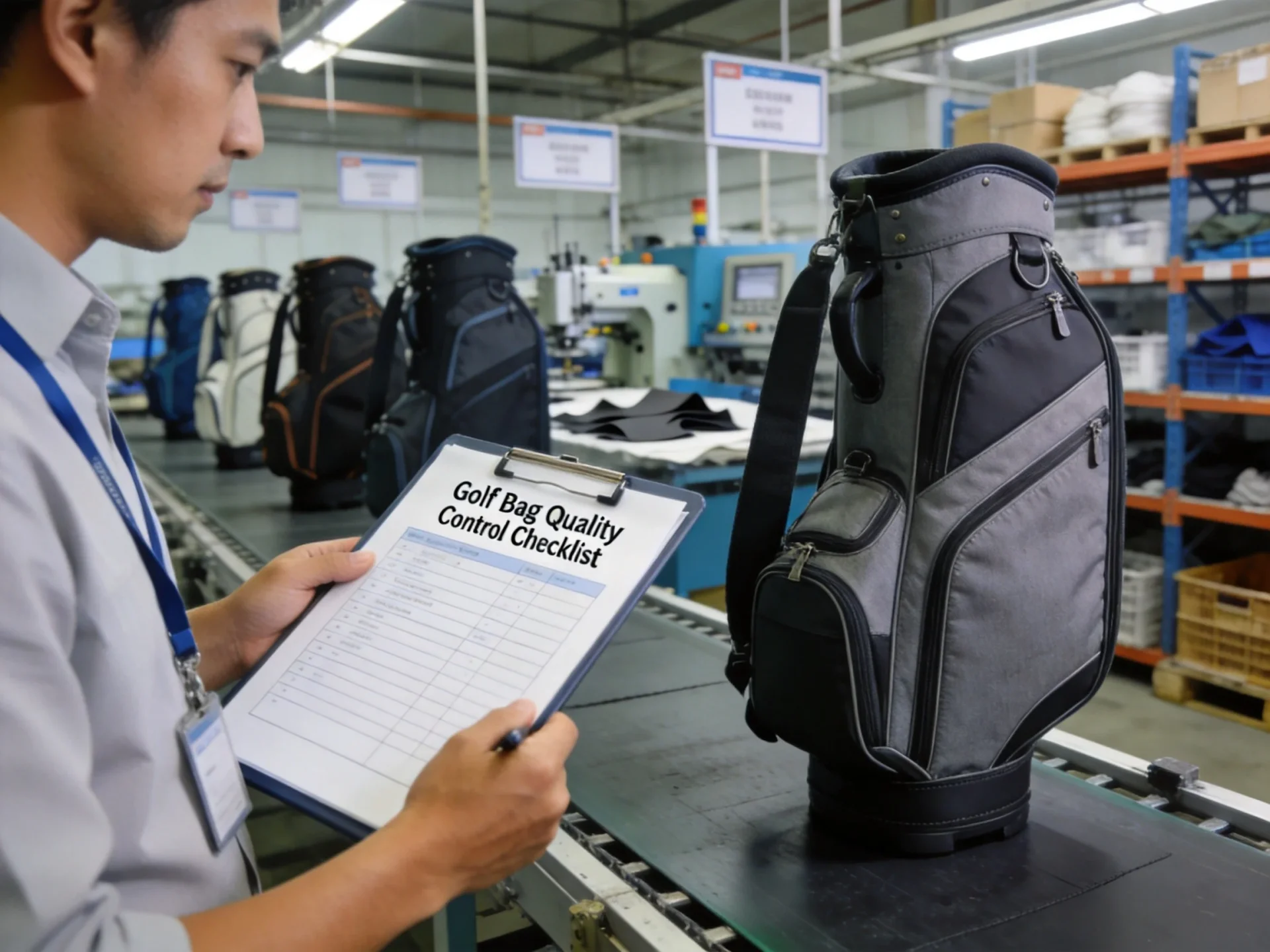 Finished golf bags passing final quality check