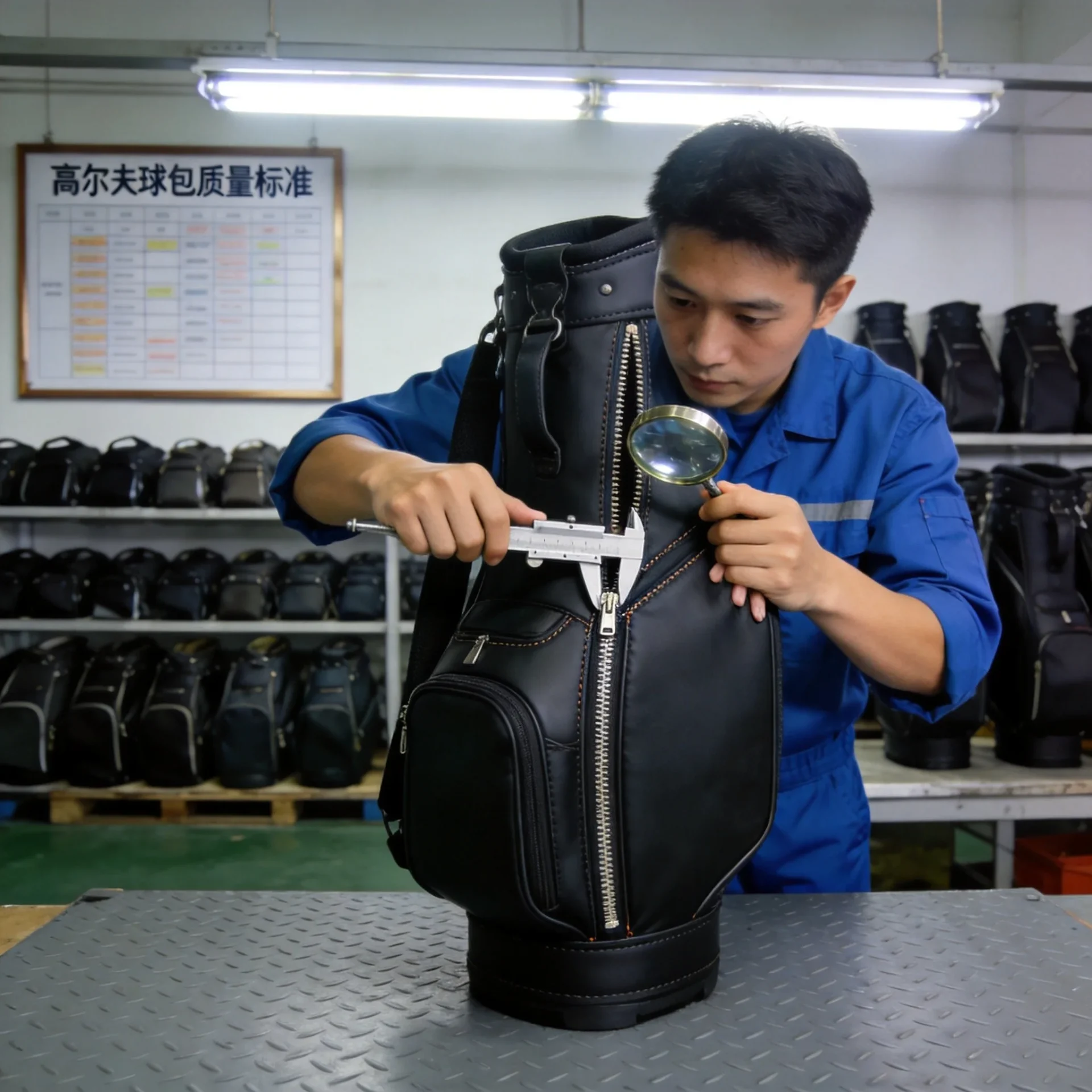 Quality inspection of golf bags in factory quality control department