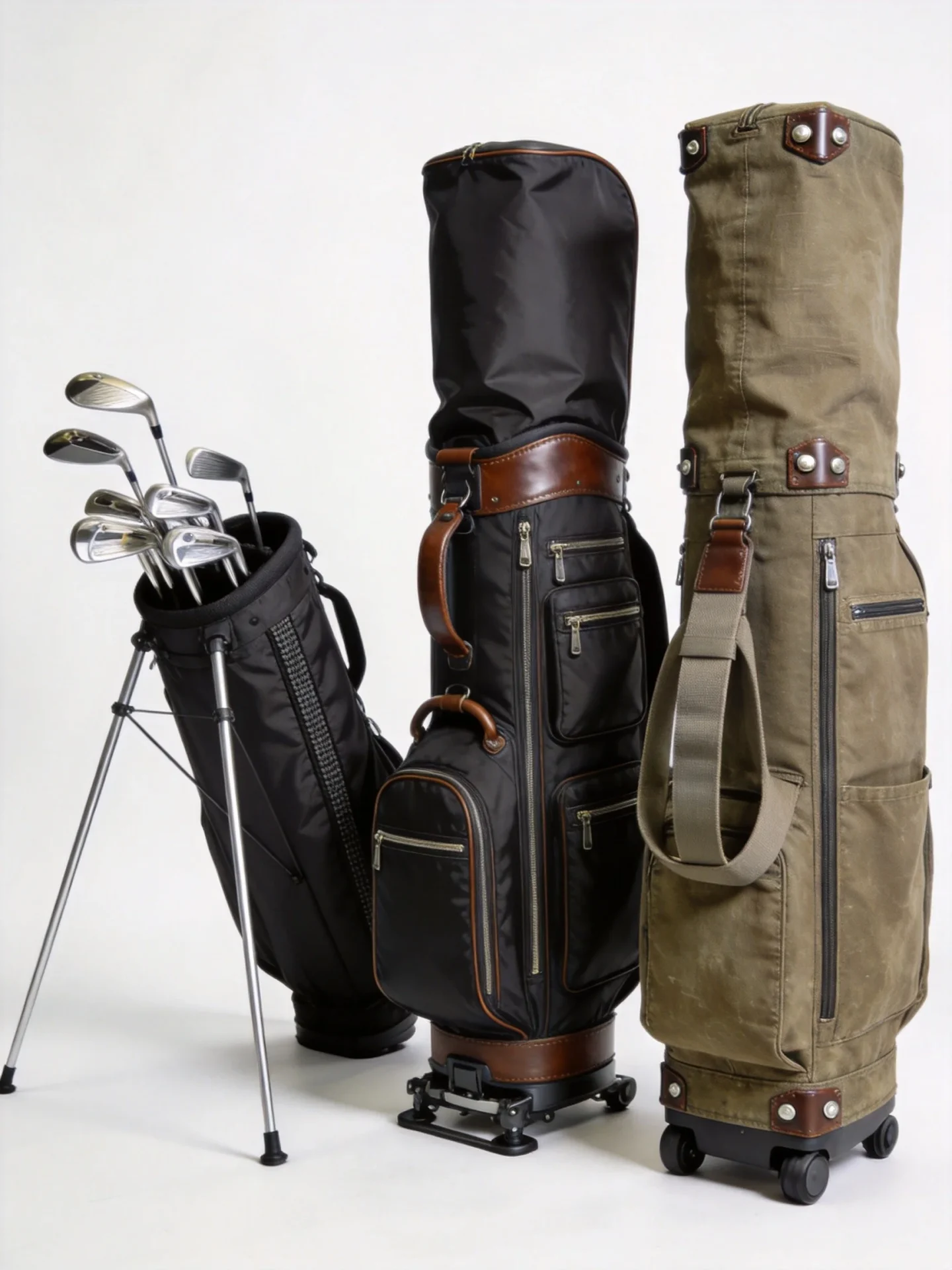 Three types of golf bags displayed in showroom including stand bag cart bag and travel bag