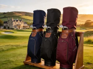 Premium golf bags displayed on a British golf course with countryside backdrop