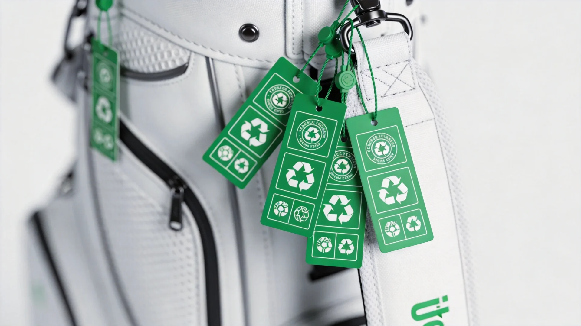 Close-up view of green certification labels including GRS, OEKO-TEX, and bluesign attached to sustainable golf bag products