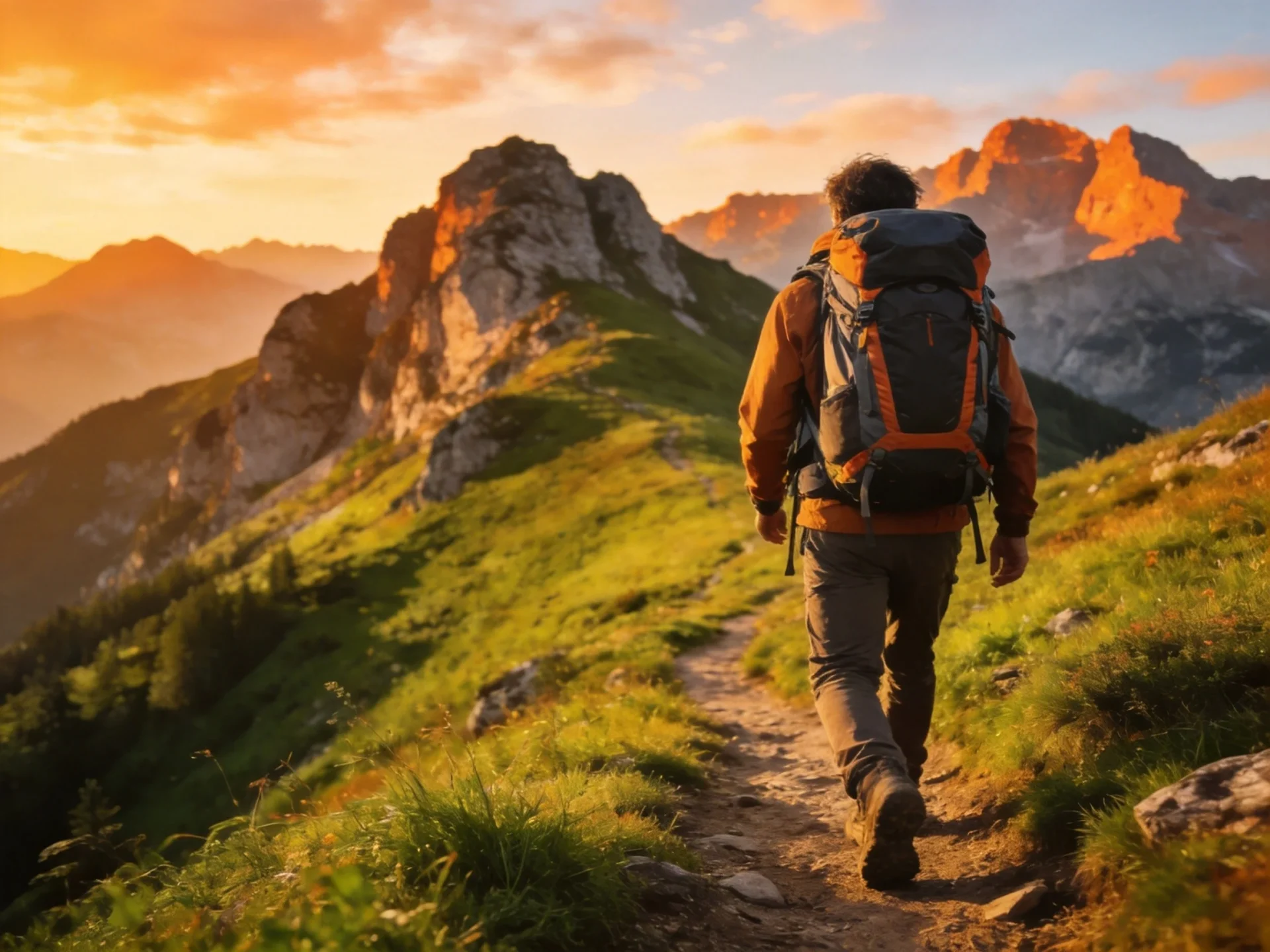 Outdoor hiking scene with backpack on scenic mountain trail