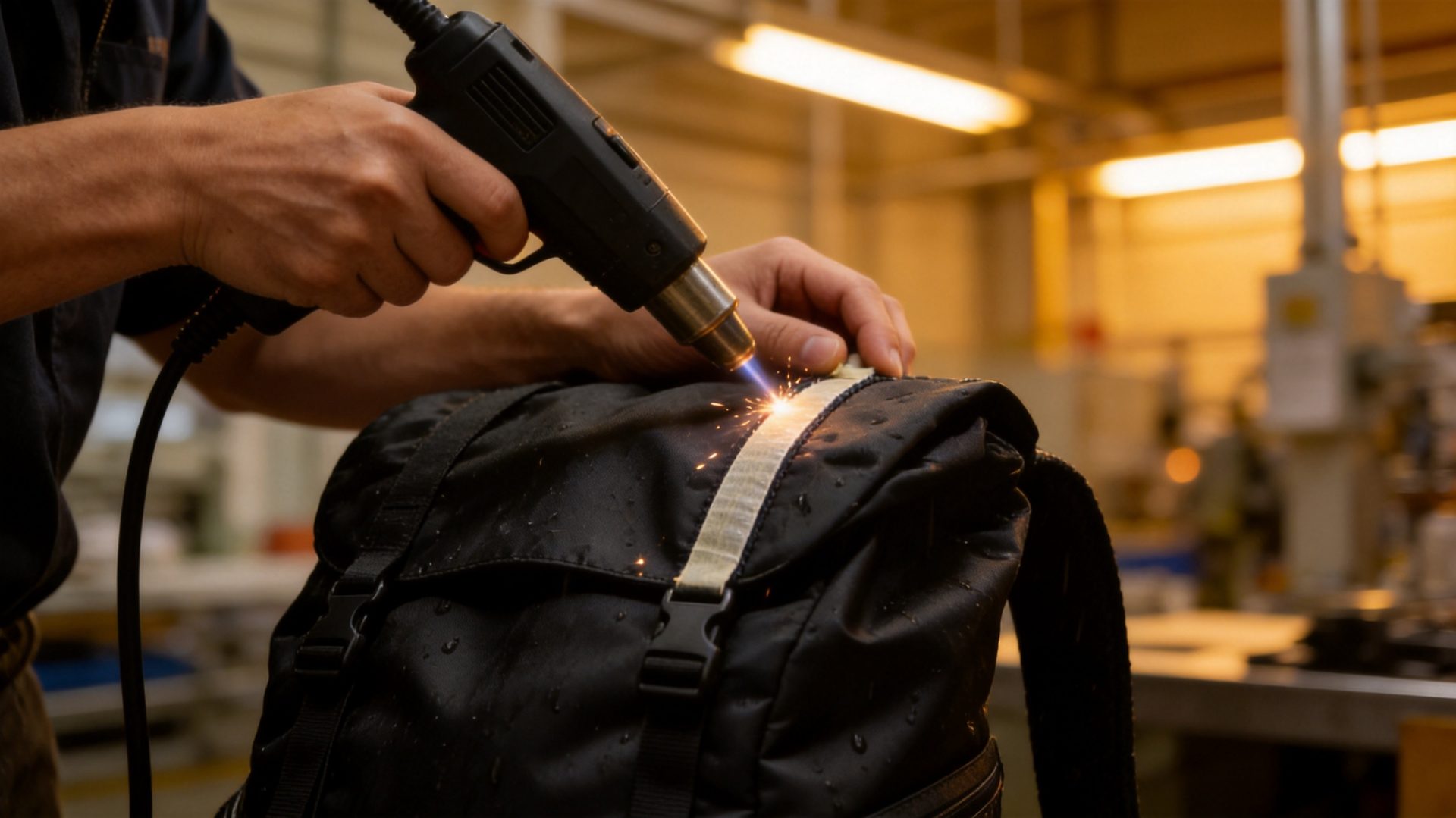 Industrial heat welding seam sealing process on waterproof backpack manufacturing line