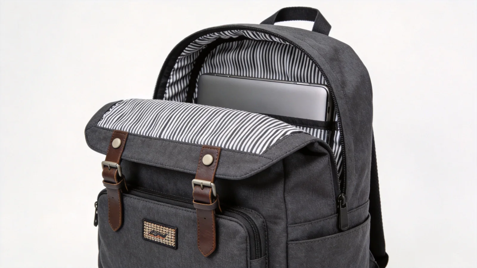 Herschel Classic XL backpack - charcoal grey with striped lining and leather strap closures