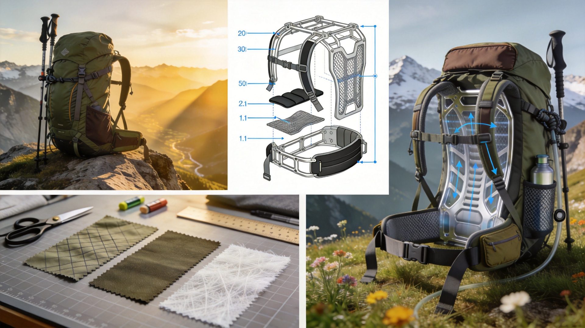 Professional 50L hiking backpack with internal frame on mountain ridge at golden hour