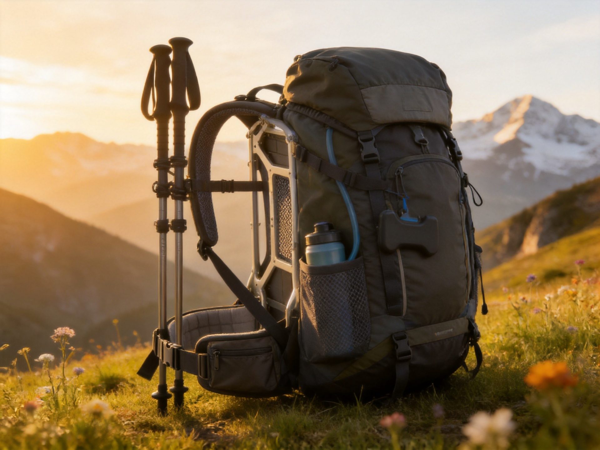 Hiking backpack showing functional features including hydration port trekking pole attachment and compression straps