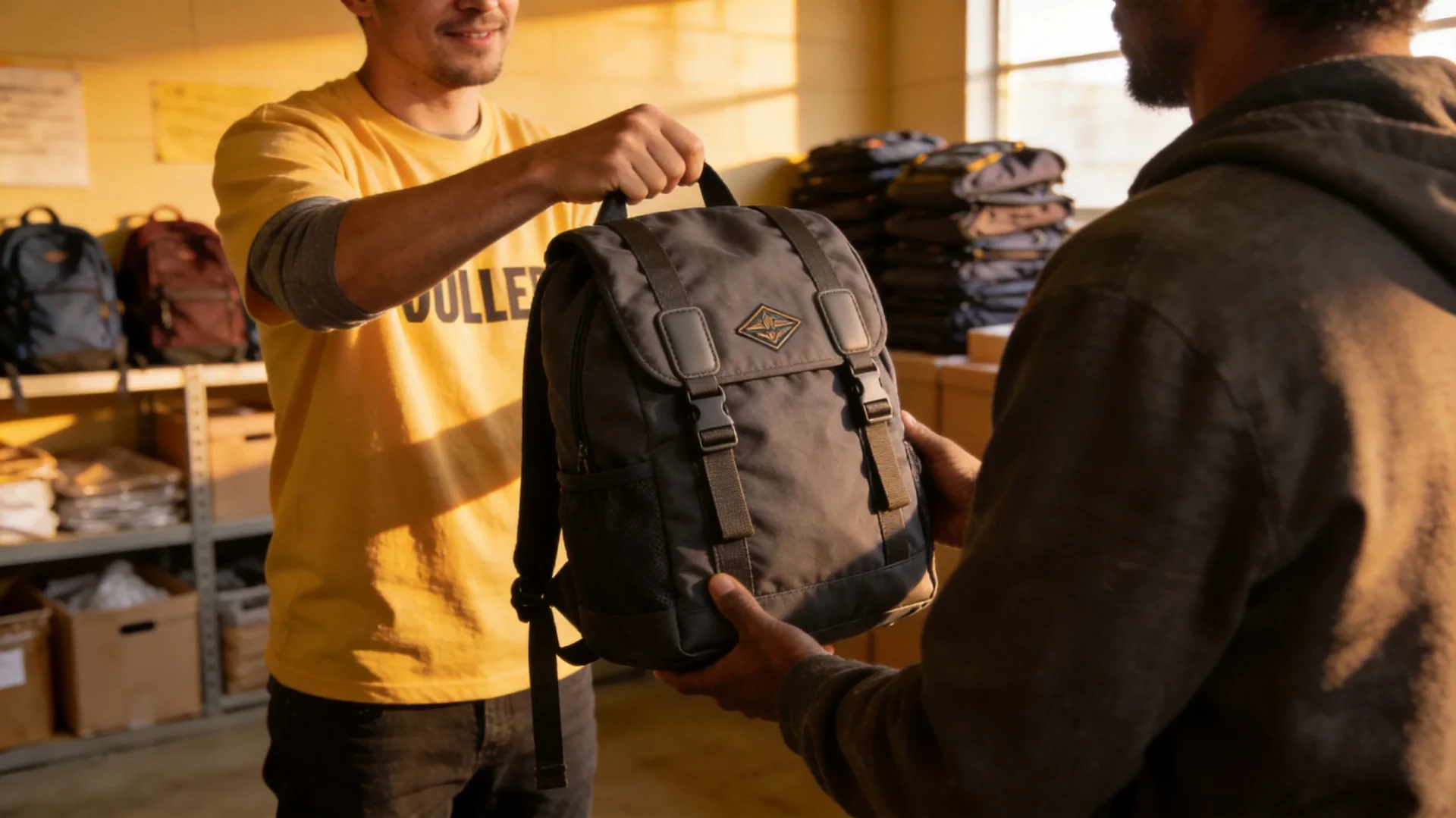 Volunteer distributing branded backpacks at a homeless shelter outreach program