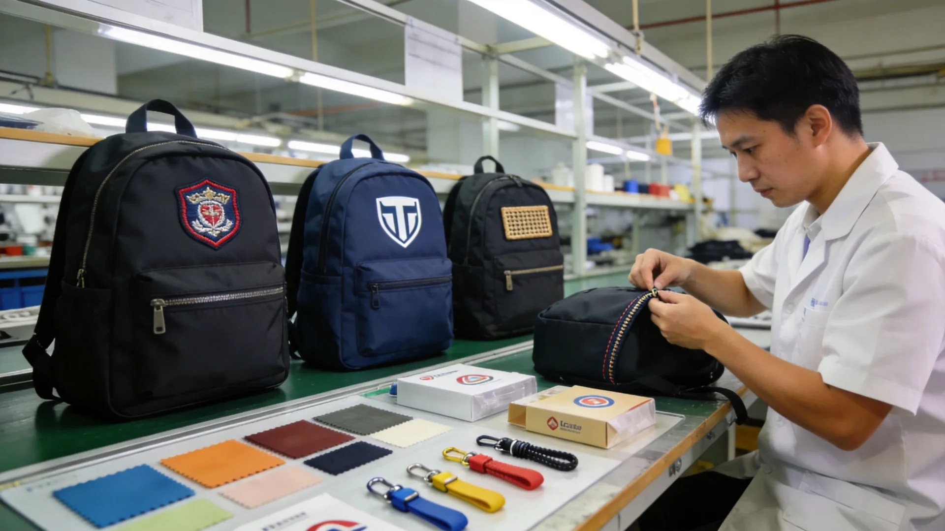 Custom branding options including embroidery, silk screen printing, and woven labels on charity backpacks