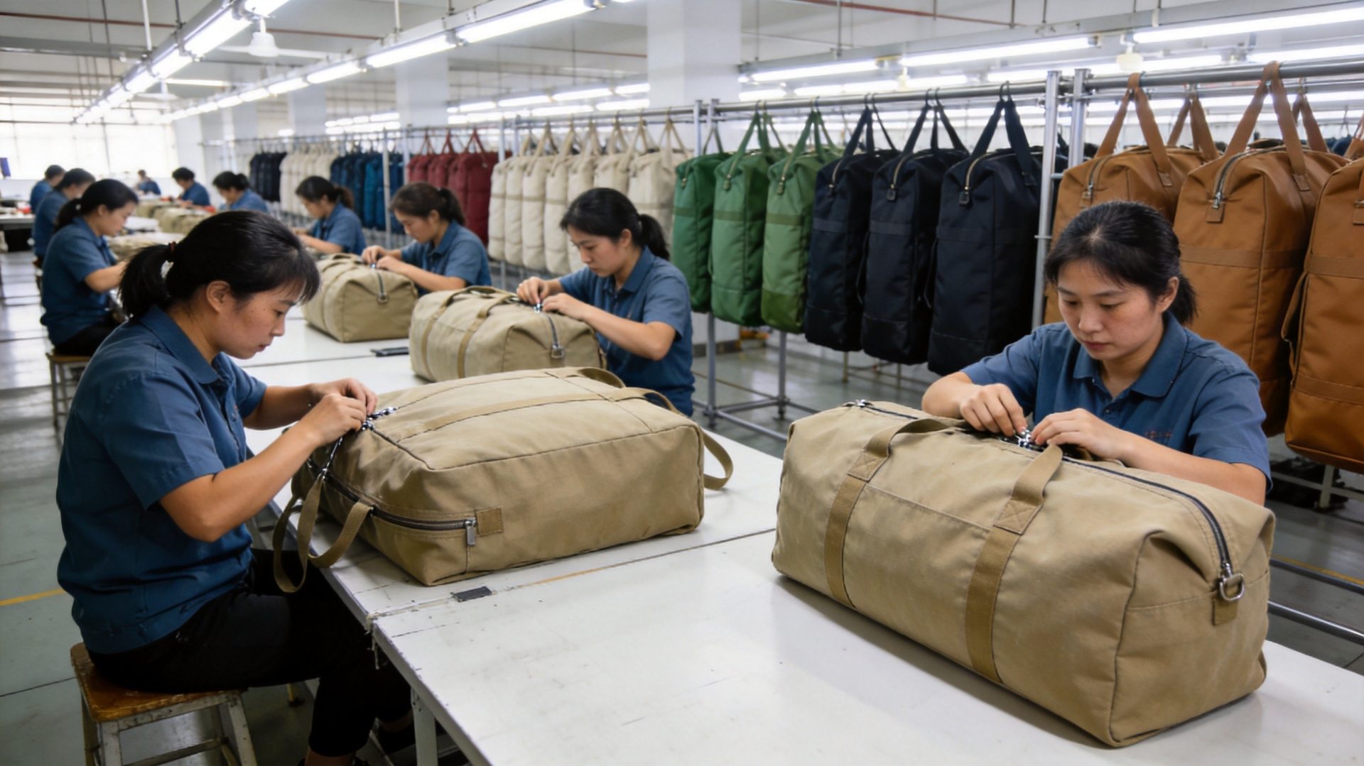 Duffel bag factory production line in China with workers assembling premium duffel bags on industrial machines