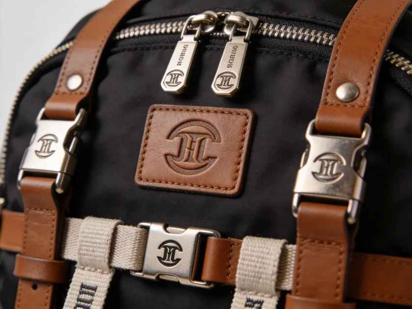 Custom branded bag details showing embossed leather logo patch custom zipper pulls and metal buckles
