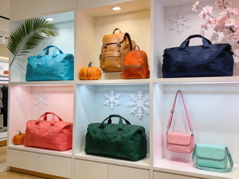 Seasonal bag collection display showing color-coded bags organized by spring summer fall and winter seasons