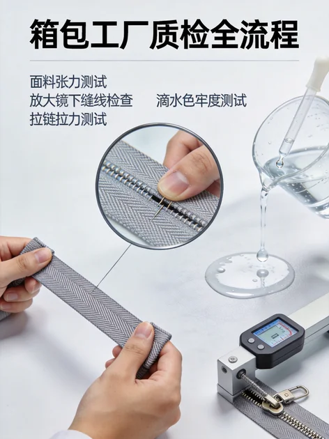 Bag quality testing process including fabric tension testing zipper pull-force testing and water resistance testing