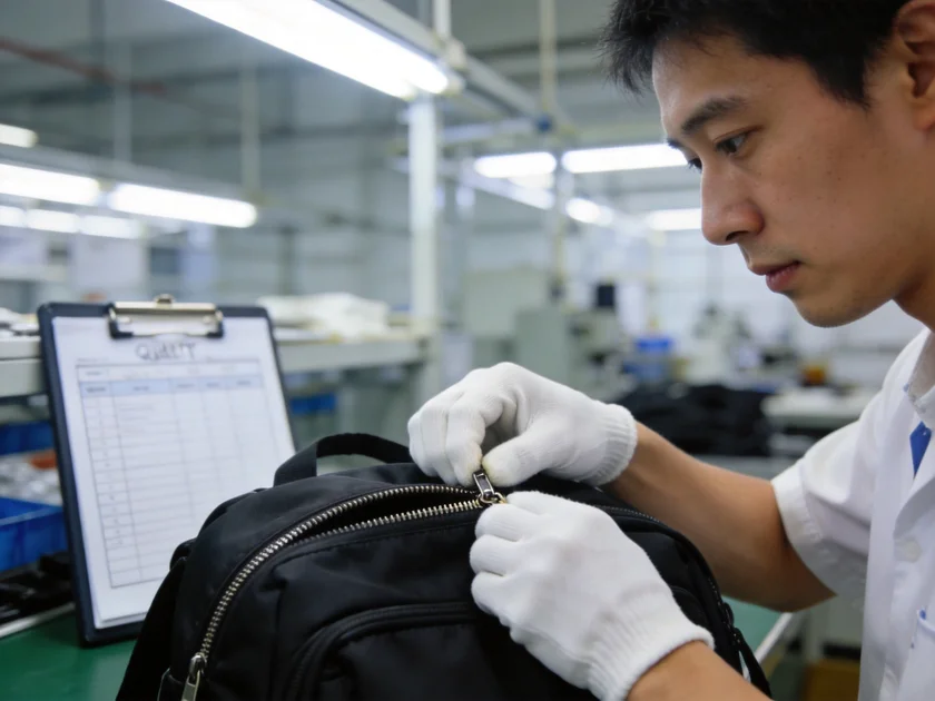 Factory worker performing quality control inspection on backpack with white gloves