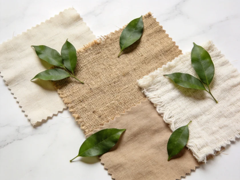 Sustainable eco-friendly fabric material swatches with natural leaves on marble surface
