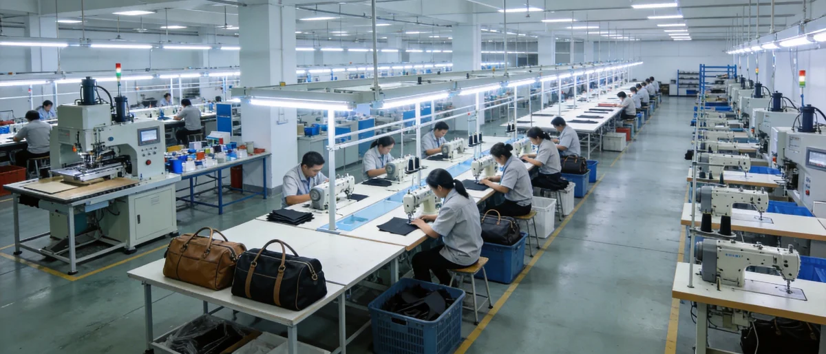 Modern bag manufacturing factory floor with organized sewing production line in Quanzhou China