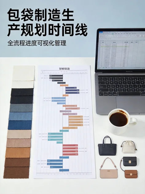 Bag production planning timeline with Gantt chart and fabric swatches for seasonal manufacturing